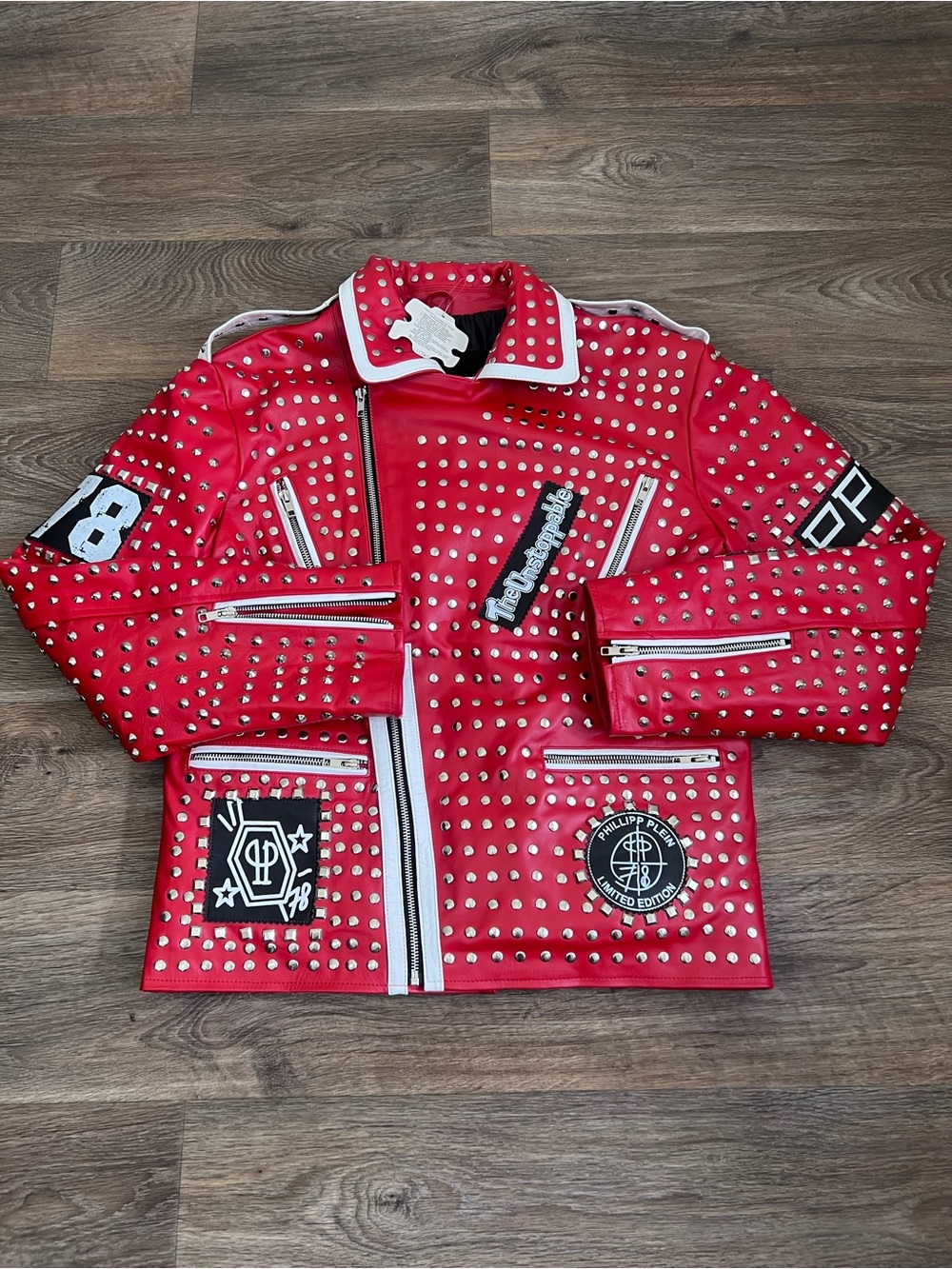Philipp Plein Red Studded Kids Leather Jacket with White Trim/A471